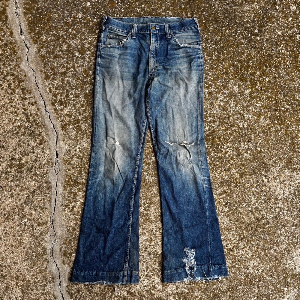 Vintage Lee Jeans Mens 32x32 Blue Denim 70s Flare Bootcut Distressed Brazil